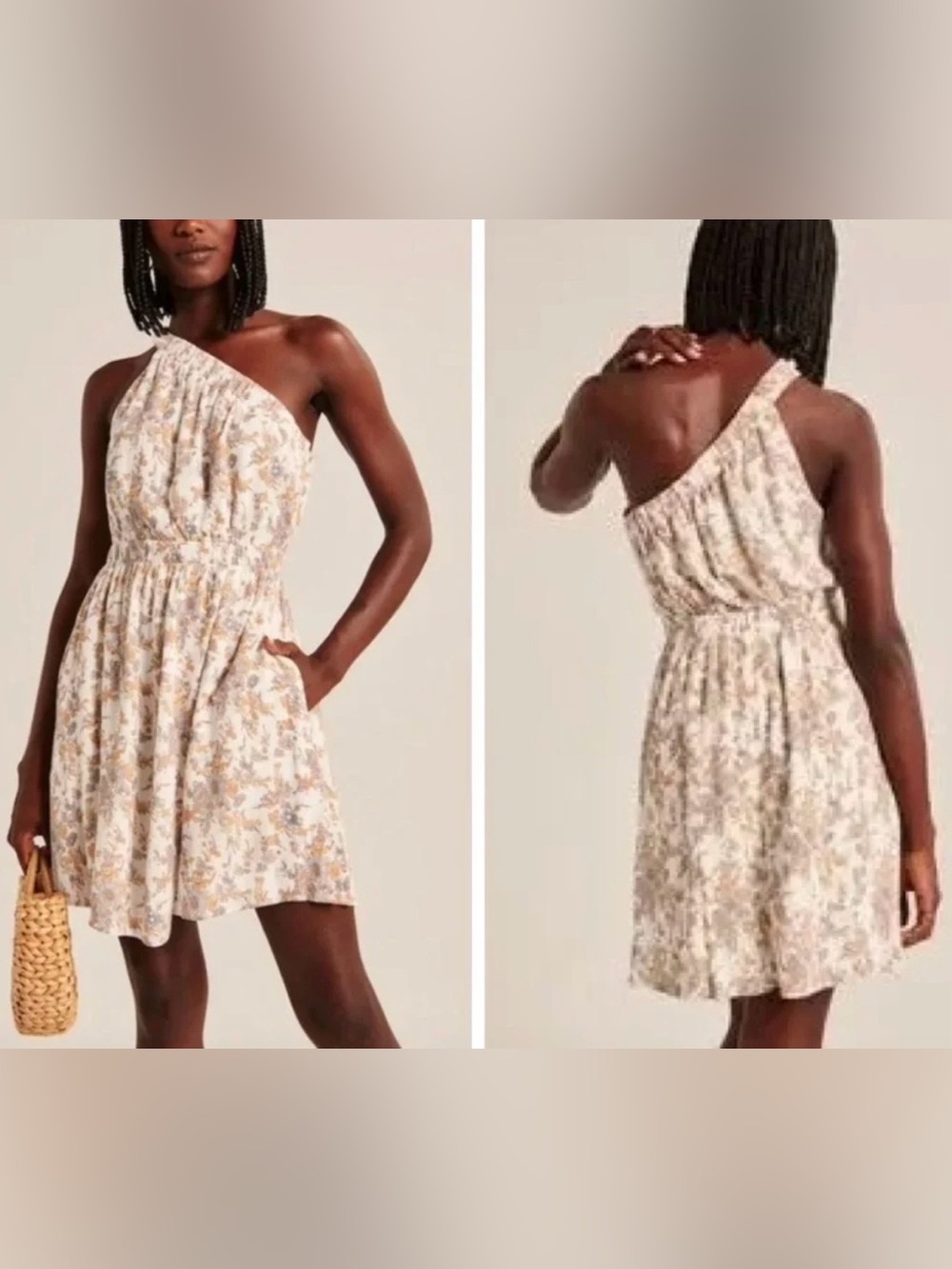 ABERCROMBIE & FITCH, One-Shoulder Floral Sundress in Cream and Soft Gray, Size M